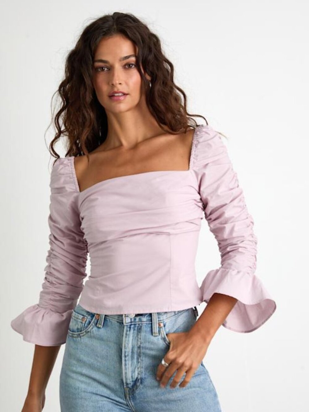 Lulus Felia Dusty Lavender Cotton Ruched Three-quarter Sleeve Top Purple
